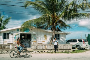 Man riding a bicycle near a palm tree, Negril, Jamaica