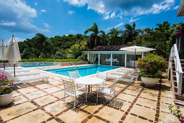 A backyard with a pool surrounded by foliage in Montego Bay, Jamaica